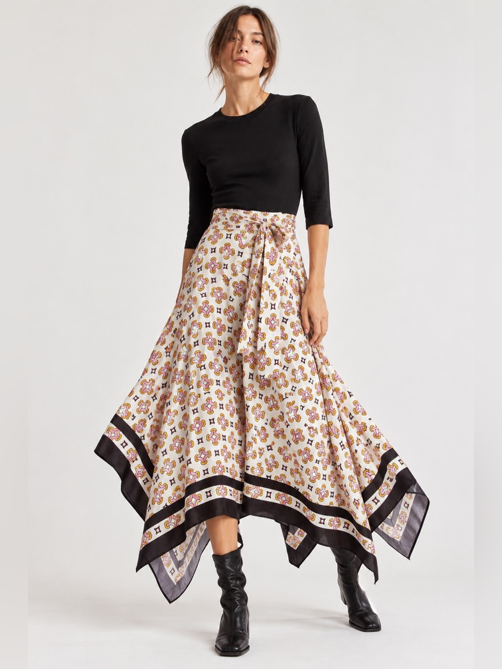 Maje Paris MFPRO02566 Trompe L’Oeil Geometric Asymmetrical Midi Dress Printed